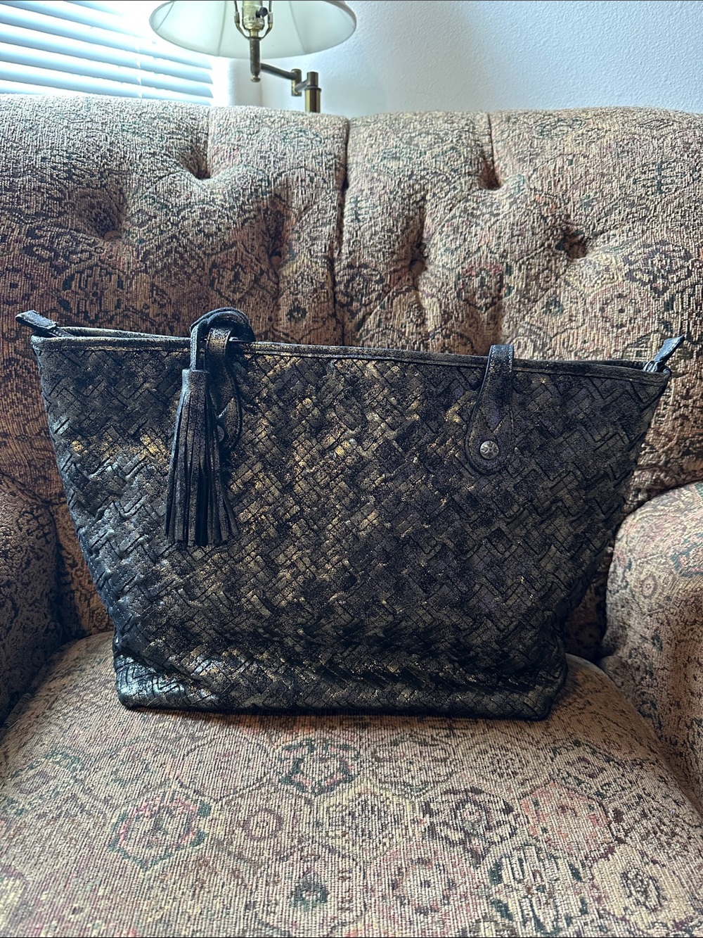 Patricia Nash Black Woven Leather Tote with Tassel